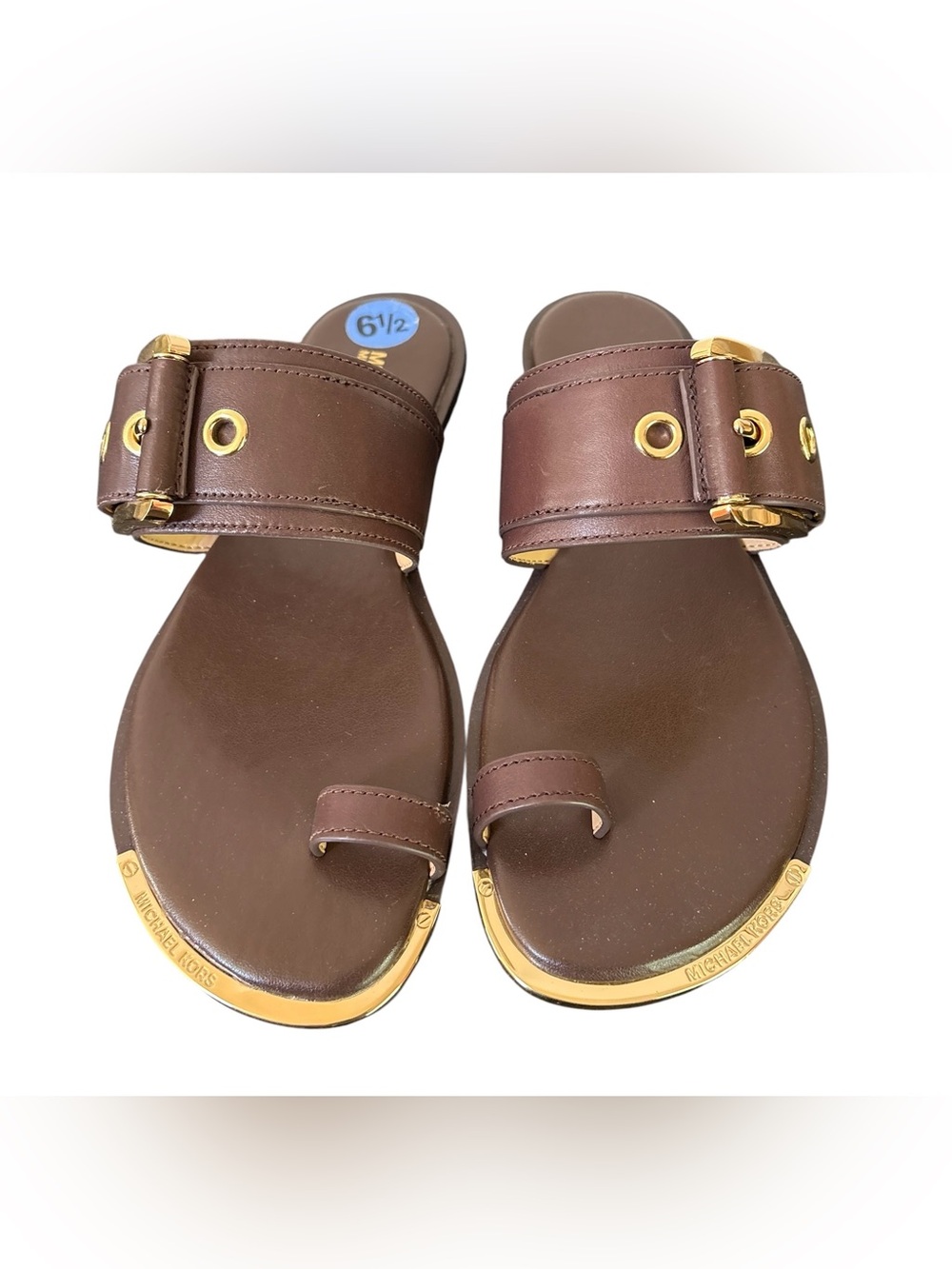 MICHAEL KORS Brown Leather Flat Slide Sandals